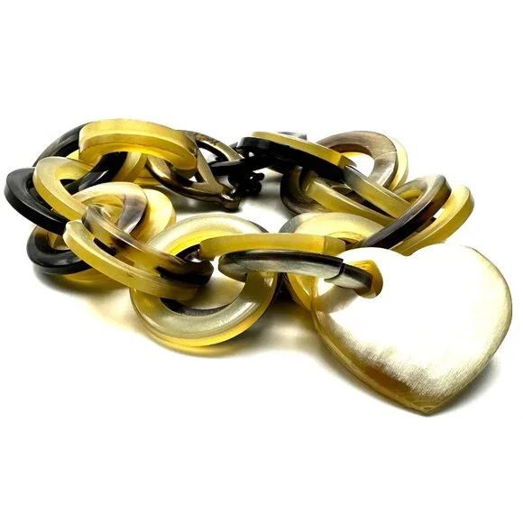 Vintage 1980s YSL Carved Horn Chain Link Bracelet— Heart Charm — Signed — EUC - Picture 8 of 10